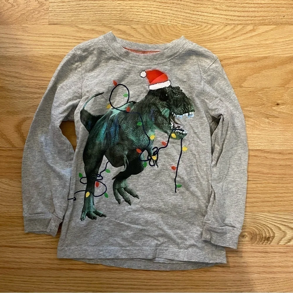 Carter’s T-Rex Santa Clause Christmas T-shirt Sz 4T Long Sleeve Gray Red Kids
